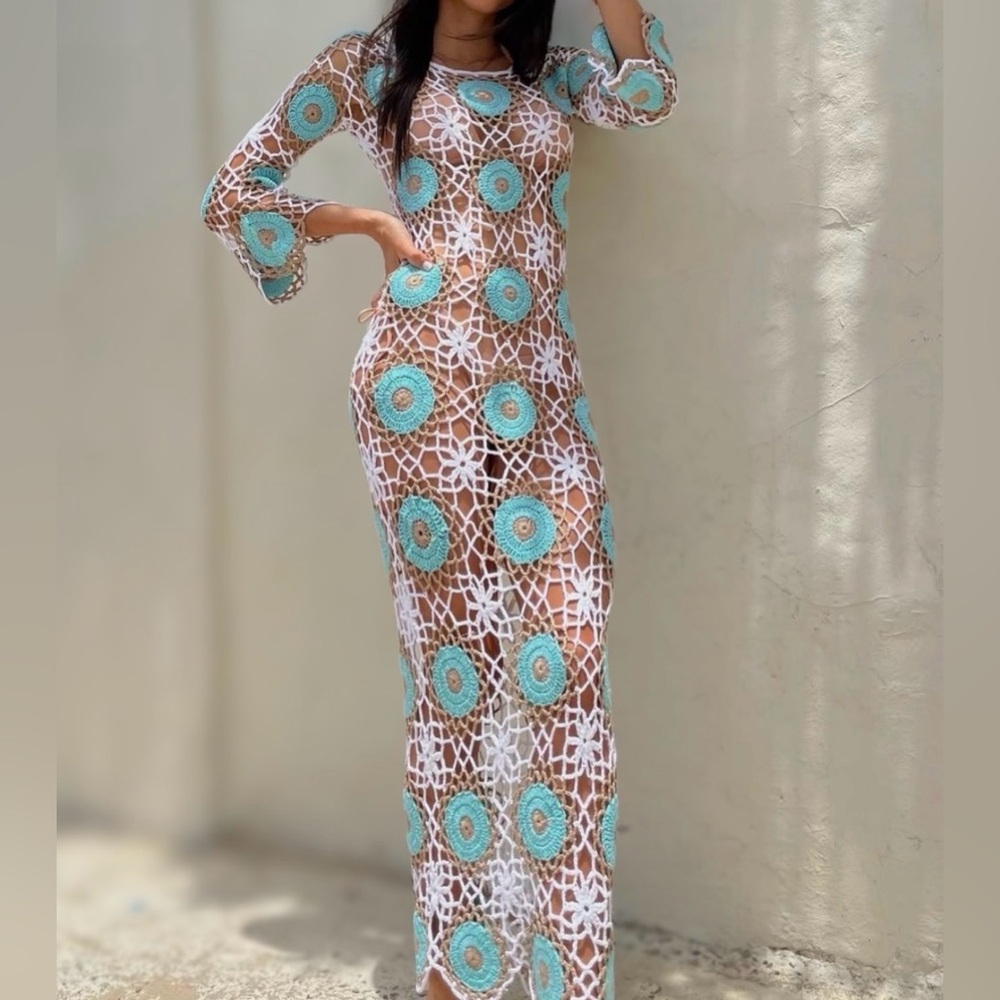 Santorini Crochet Maxi Dress with Blue Floral Accents
